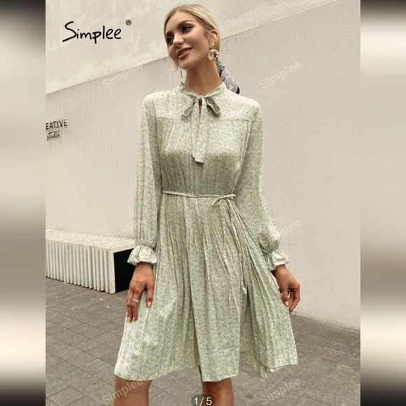 Shein Simplee Tie Neck Belted Pleated Dress Bishop Sleeves M - Picture 1 of 13
